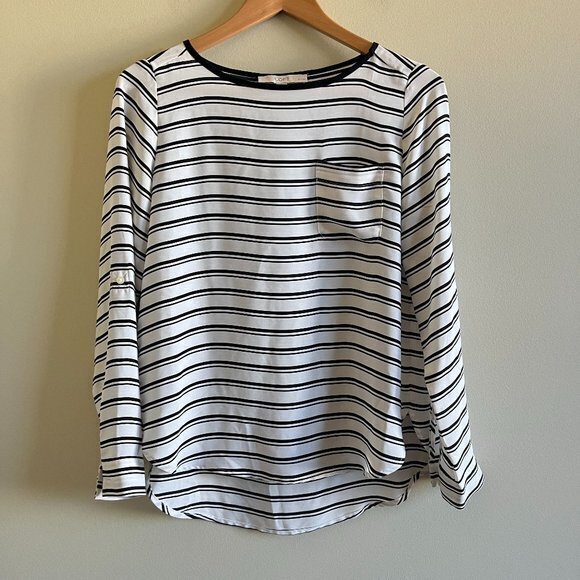 LOFT ANN TAYLOR STRIPED LONG SLEEVE SHEER TOP POCKET WOMENS SIZE S PETITE - Picture 1 of 5